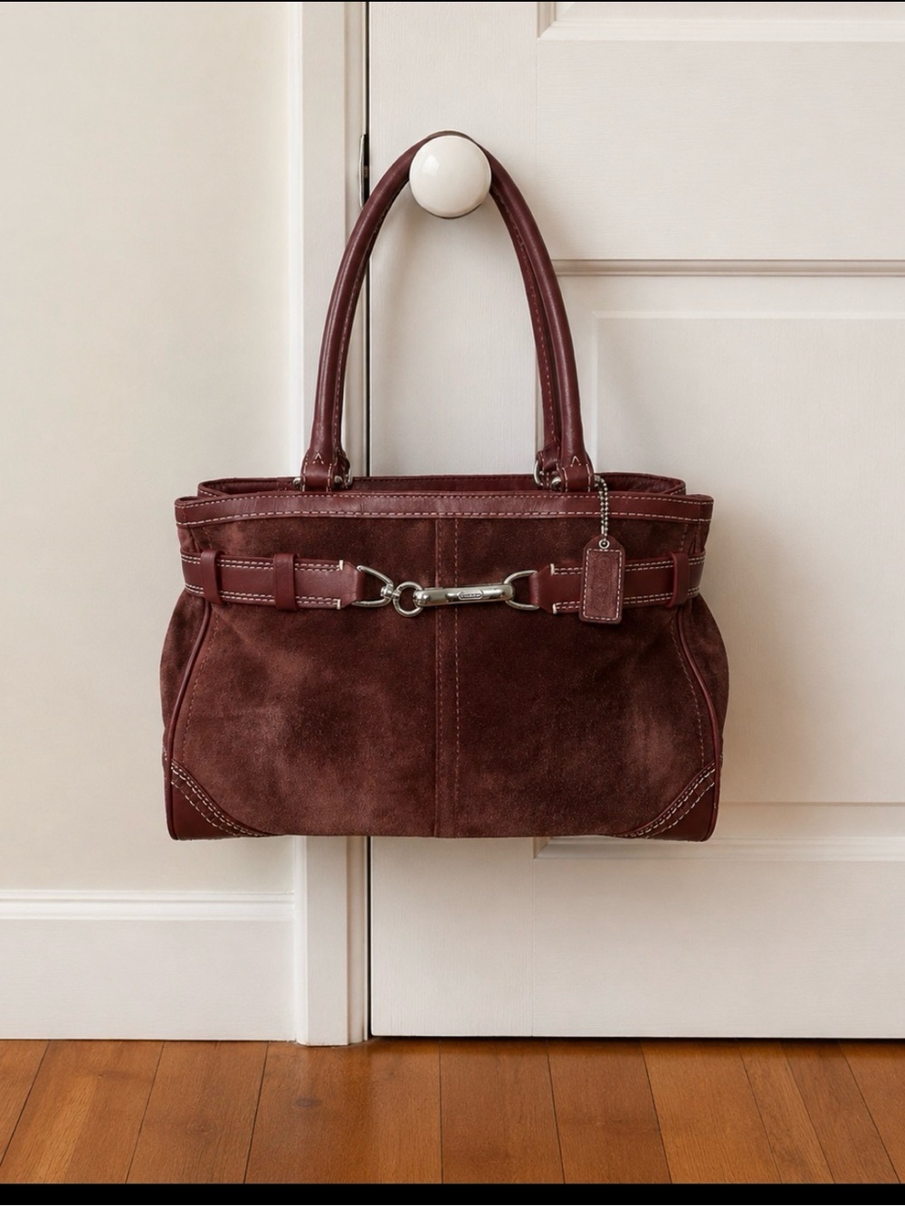 Coach Bordeaux/burgundy suede and leather., Silver hardware.,
Handle drop 7".